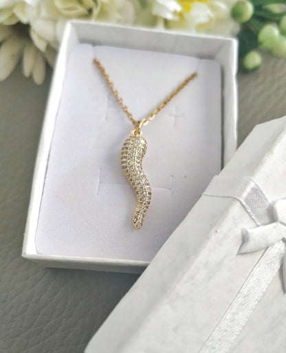 Zirconia Paved Italian Horn Necklace in Silver or Gold plated