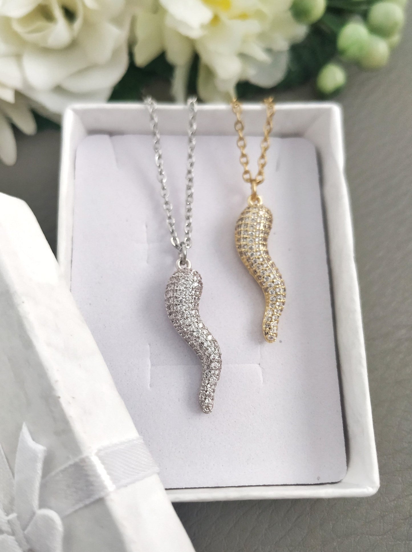 Zirconia Paved Italian Horn Necklace in Silver or Gold plated