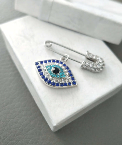 Evil Eye Diamante Safety Pin Brooch Gift Jewelry in Gold or Silver