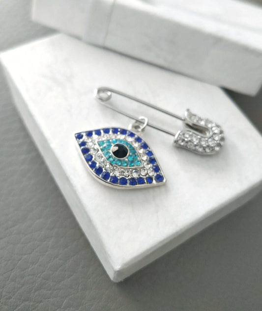 Luxury Safety Pin Brooch, Bling Iced Evil Eye Gold or Silver plated, Protection Jewelry Gift