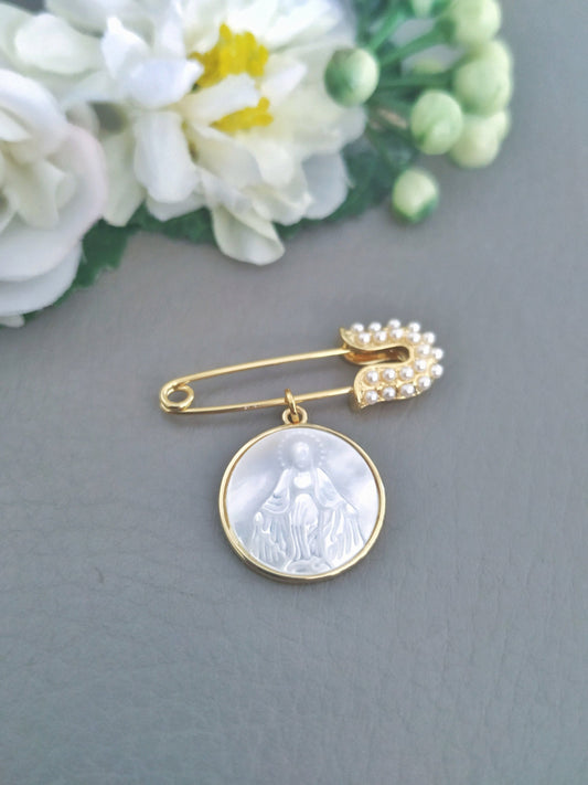 Fancy Baptism Brooch, Mother of Pearl Virgin Mary Child Safety Pin Jewelry, Christening Gift for Boy or Girl