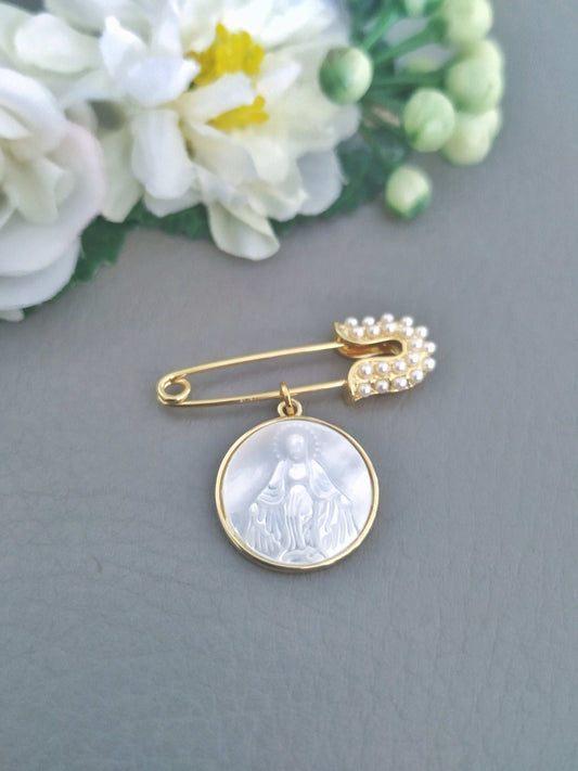 Fancy Baptism Brooch with Mother of Pearl Virgin Mary, Christening Gift for Boy or Girl