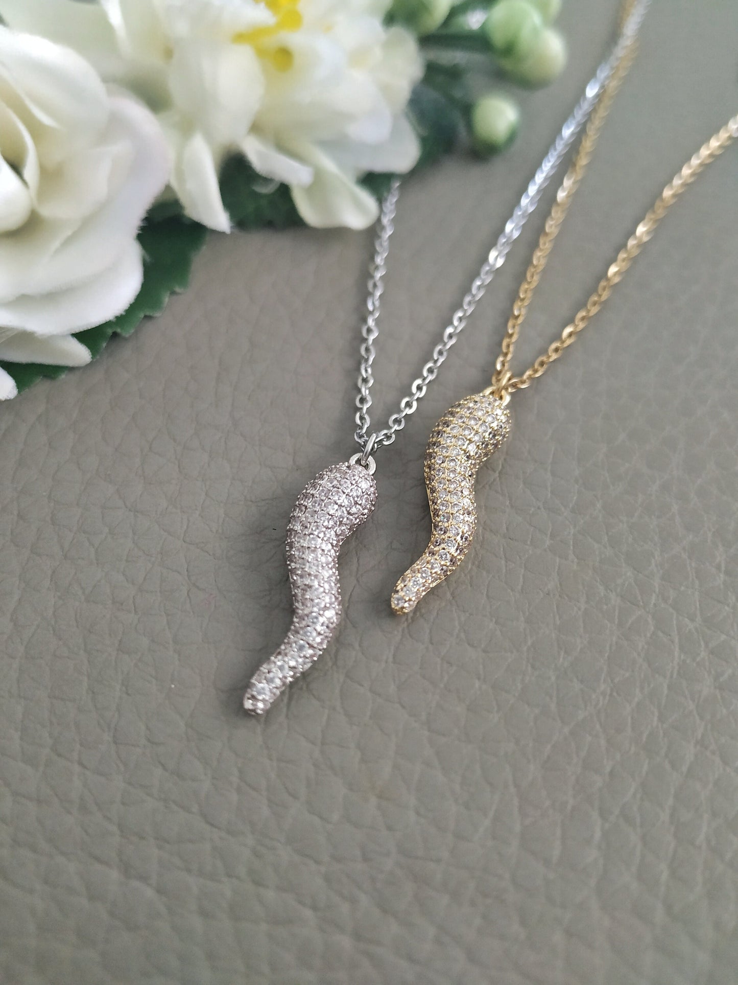 Zirconia Paved Italian Horn Necklace in Silver or Gold plated