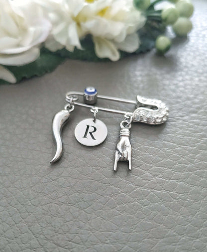 Italian Horn Brooch, Mano Corno Safety Pin, Personalized Cornicello Cornetti Mano Corna Portafortuna