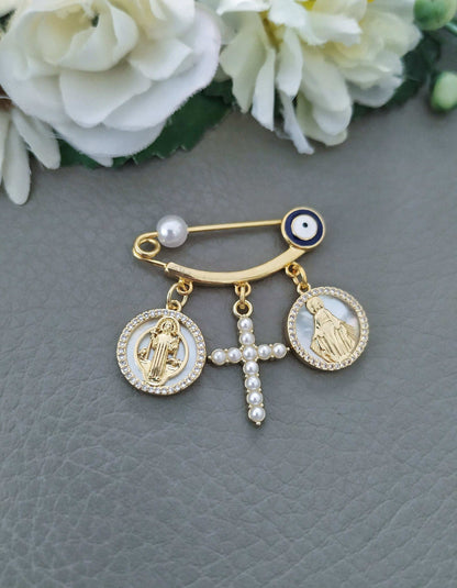 Catholic Baby Pin, Cross Virgin Mary & Saint Benedict Jewelry