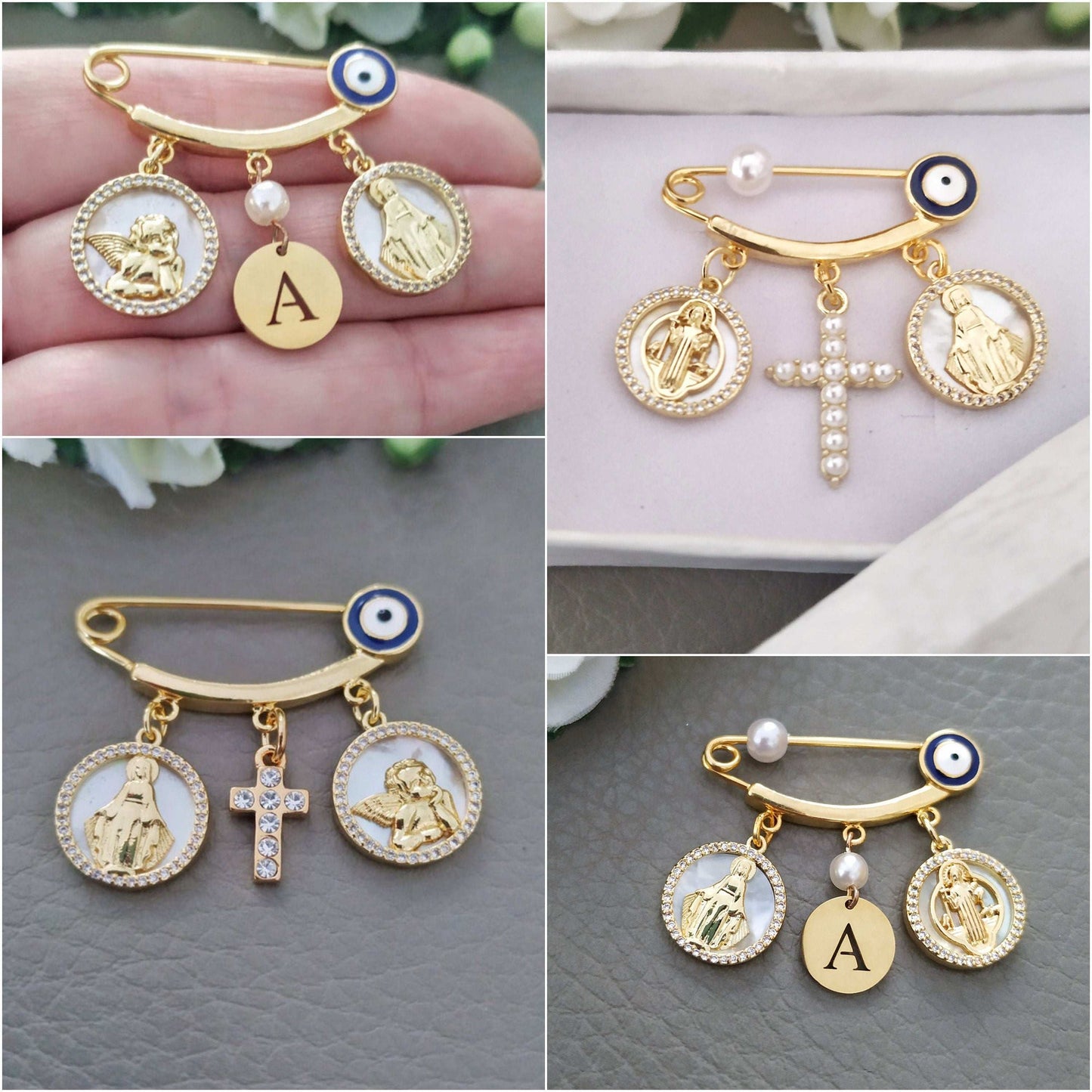 Catholic Baby Pin, Cross Virgin Mary & Saint Benedict Jewelry