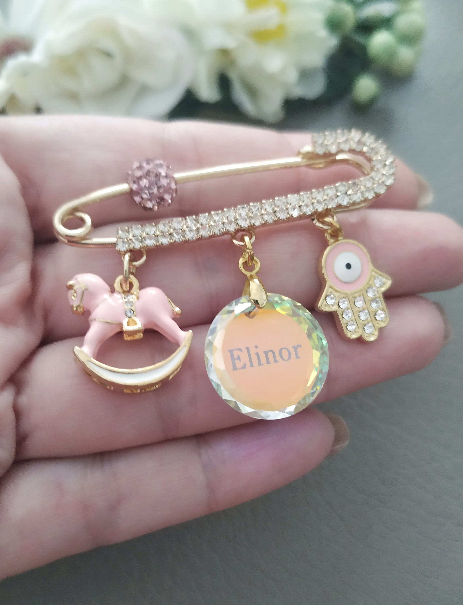 Customized Swarowsky crystal Baby Pin, Engraved Name Brooch