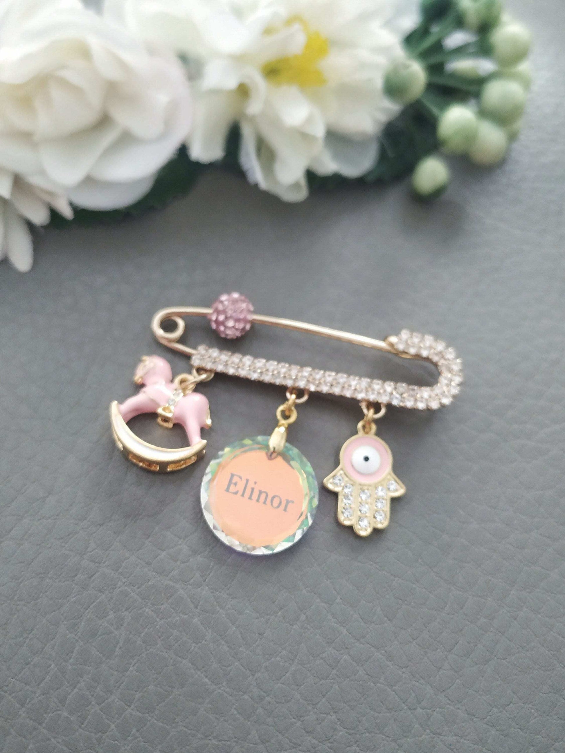 Customized Swarowsky crystal Baby Pin, Engraved Name Brooch