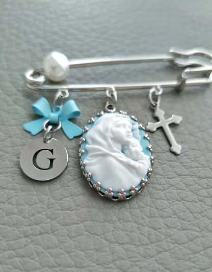 Personalized Mother Mary Cameo Baby Pin, Goddaughter Godfather Godson Christening Gift