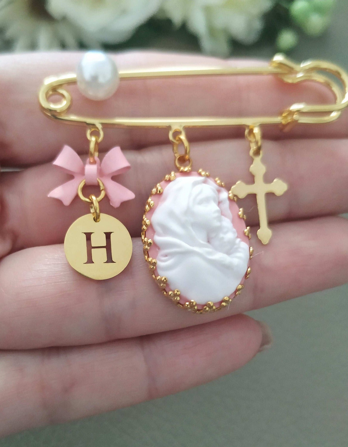 Personalized Mother Mary Cameo Baby Pin, Goddaughter Godfather Godson Christening Gift