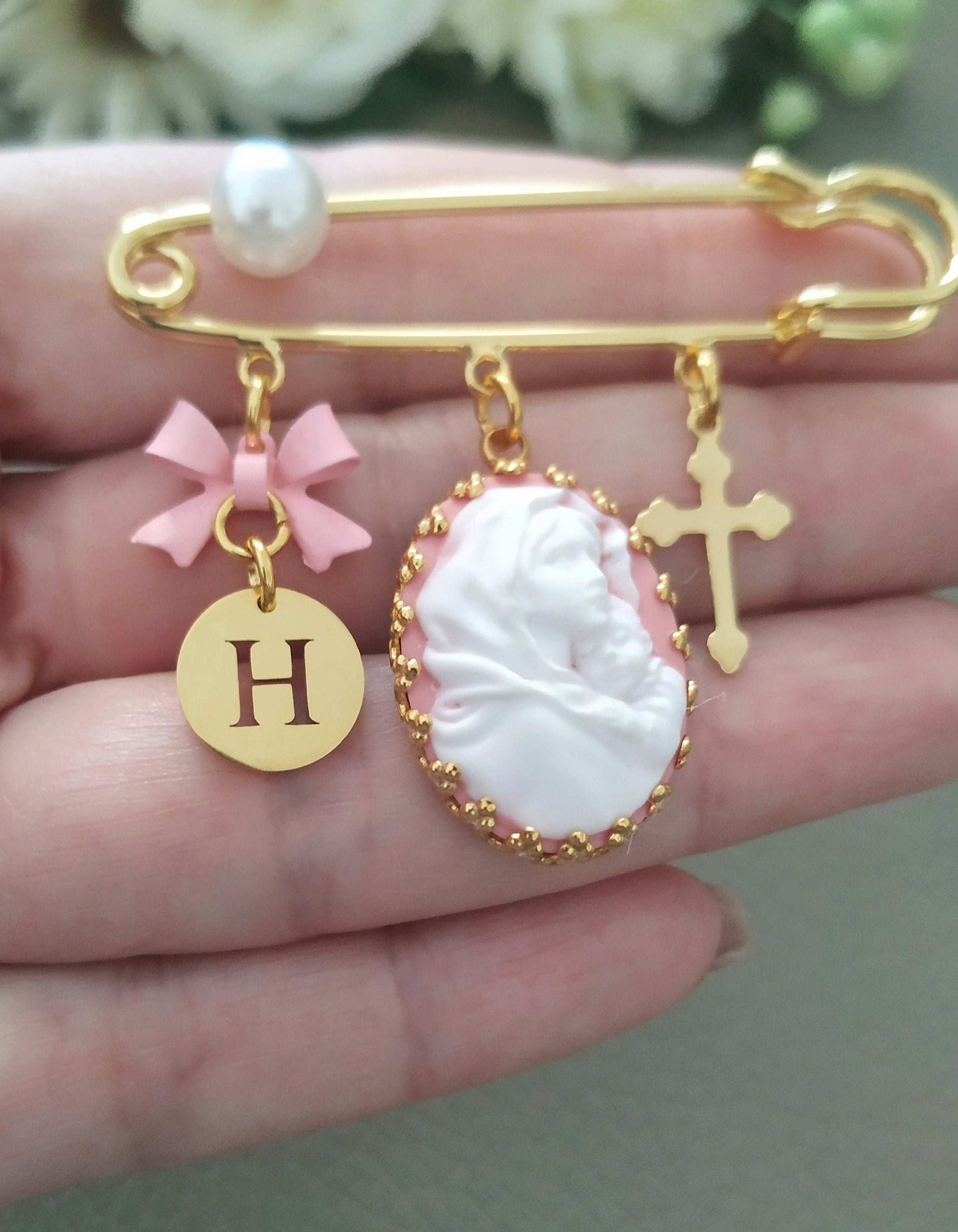 Personalized Mother Mary Cameo Baby Pin, Goddaughter Godfather Godson Christening Gift