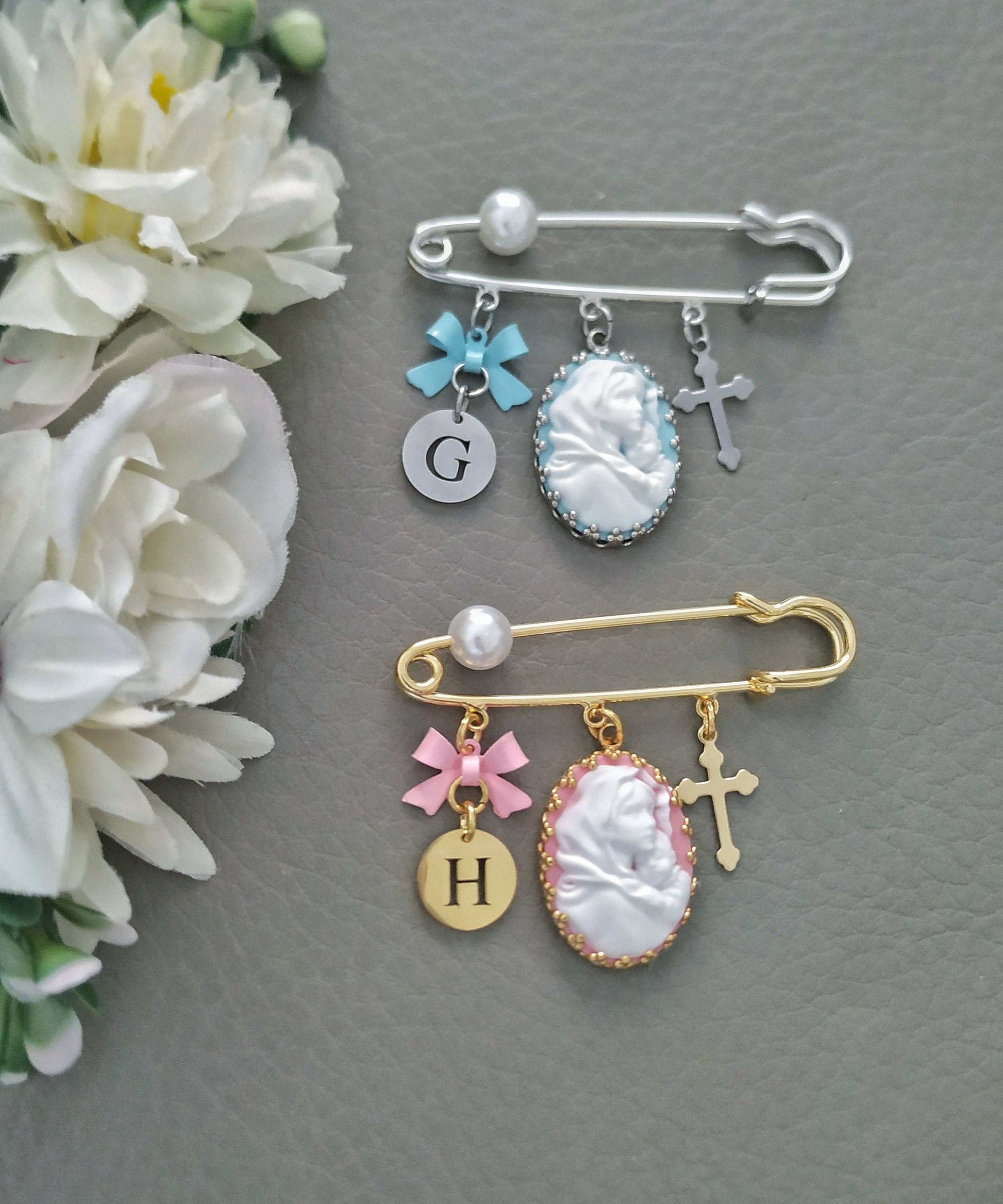 Personalized Mother Mary Cameo Baby Pin, Goddaughter Godfather Godson Christening Gift