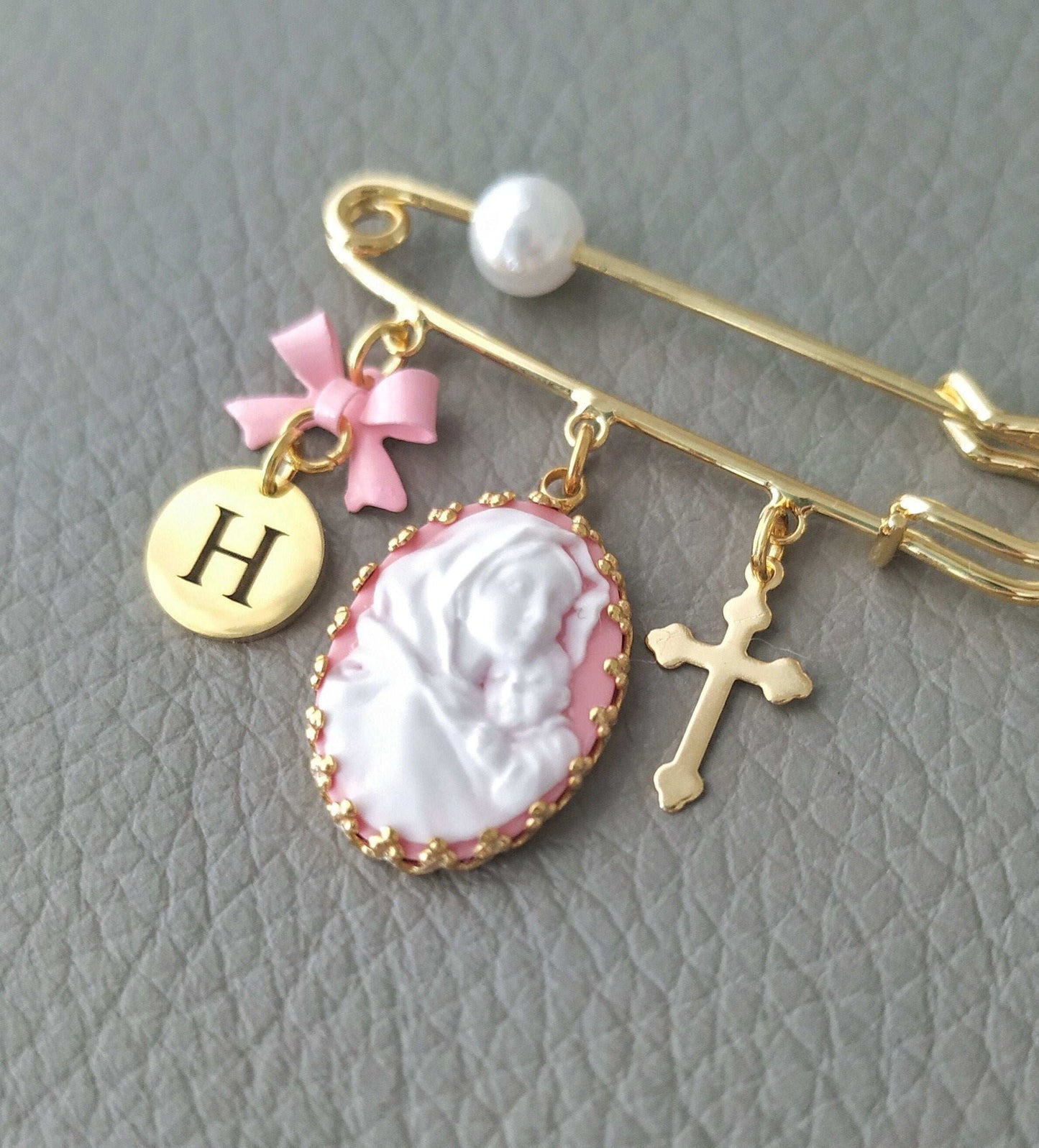 Personalized Mother Mary Cameo Baby Pin, Goddaughter Godfather Godson Christening Gift