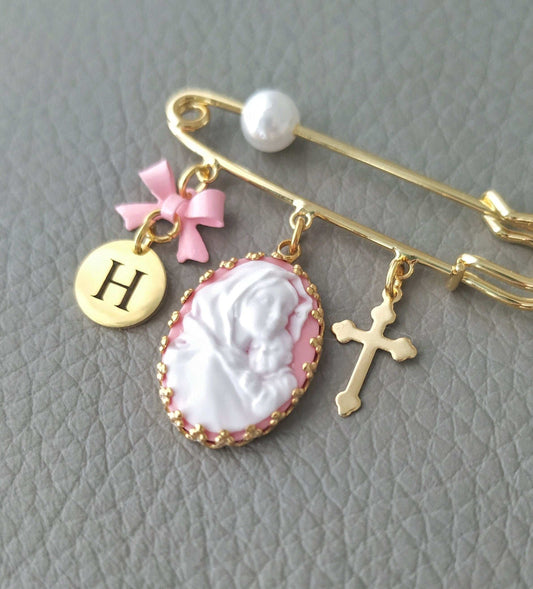 Personalized Mother Mary Cameo Baby Pin, Goddaughter Godfather Godson Christening Gift