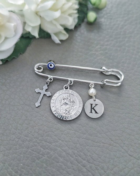 Saint Christopher Protect Us Pin, Car Seat Pram Charm, Cross Brooch, Patron Travelers Blessing, Personalized Baptism Gift, Catholic Jewelry