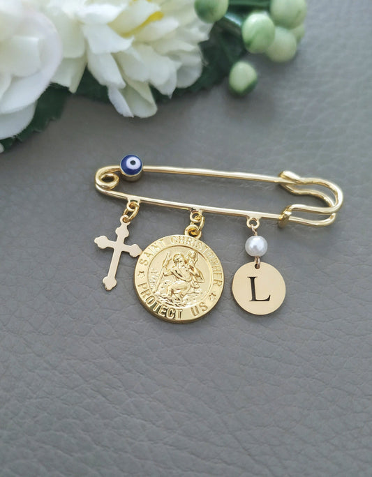 St Christopher Brooch, Charms Safety Pin, Car Seat Stroller Bag Cross, Travelers Protection, Personalized Baptism Gift, Catholic Jewelry