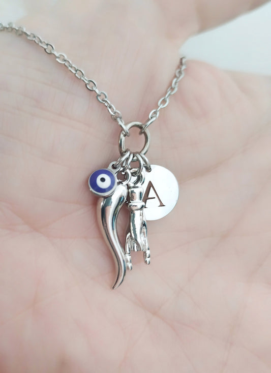 Cornicello Evil Eye Horn Necklace, Personalized Italian Jewelry, Stainless Steel