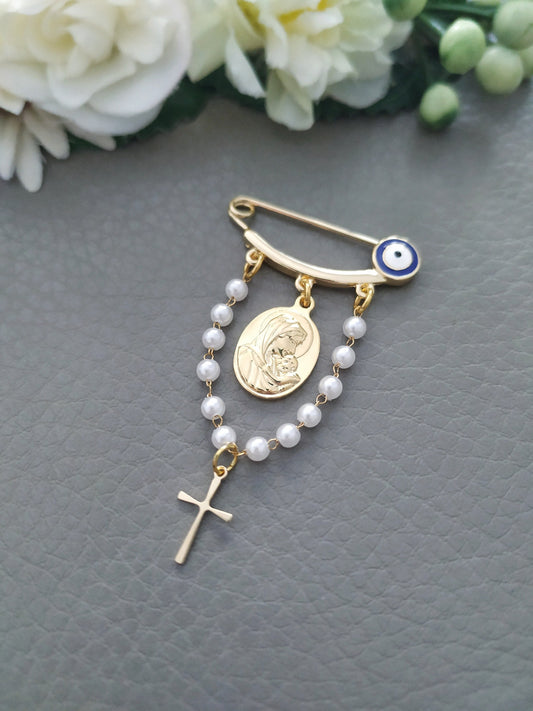 Elegant Baptism Rosary Pin Brooch, Virgin Mother Mary Jewelry, Child Cross Christening Gift Boy Girl Unisex