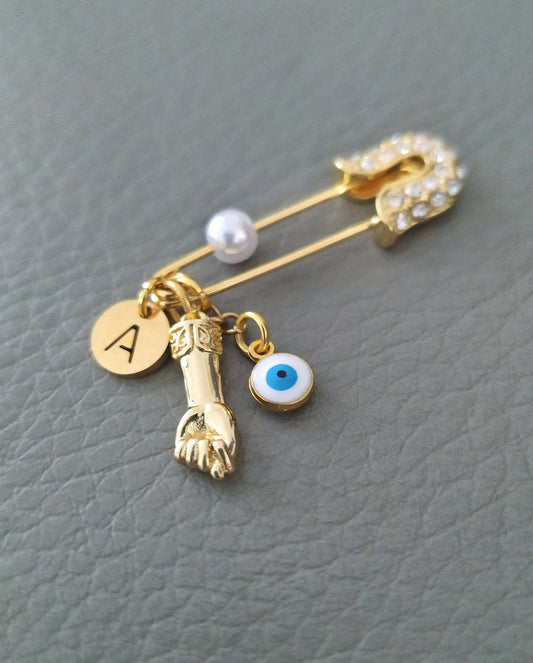 Personalized Figa Pin Brooch, Cinco Saimão, Protection Amulet