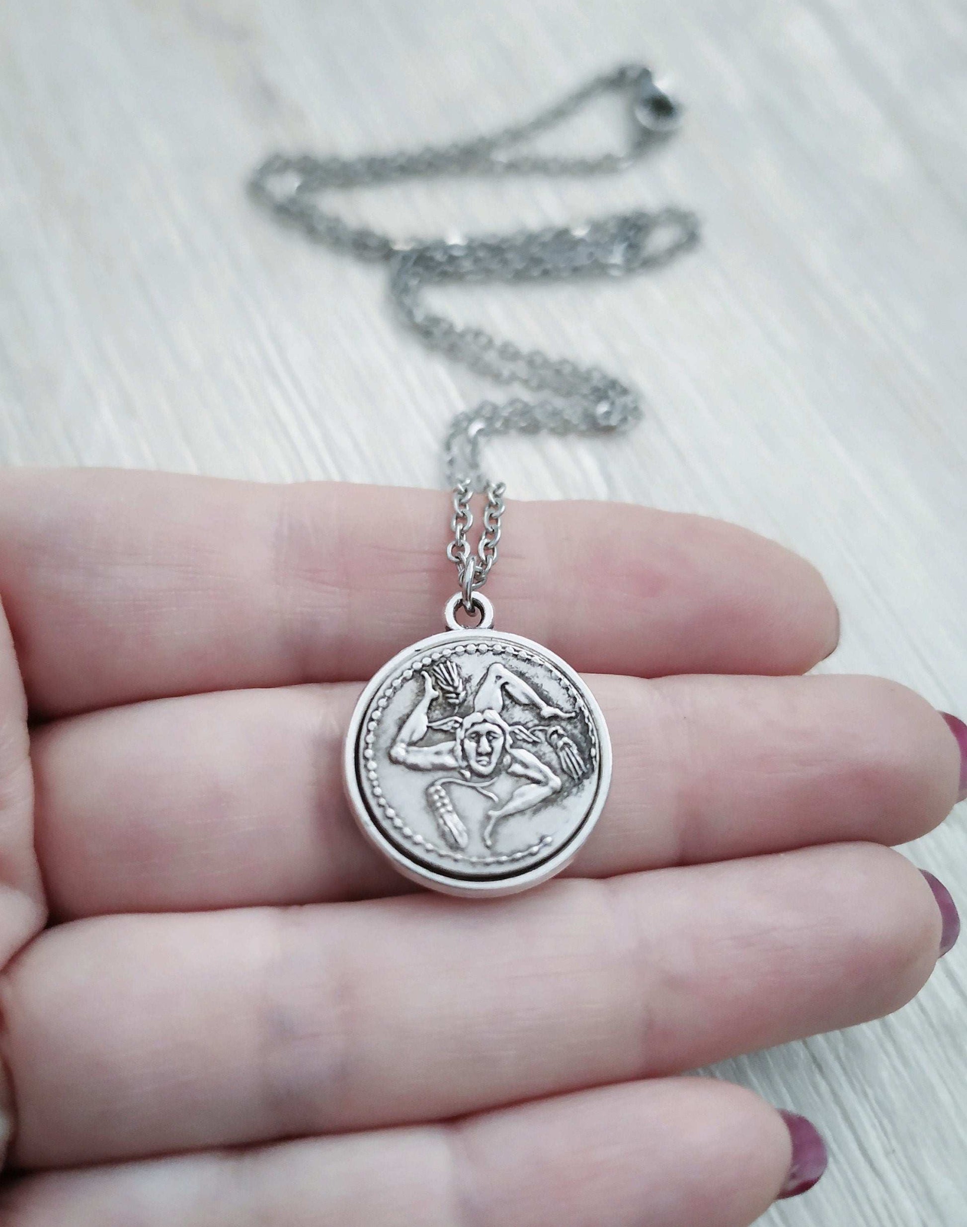 Sicilian Trinacria Necklace, Triskelion Coin Pendant, Silver Ancient Three Legged Symbol Jewelry, Sicily Gift