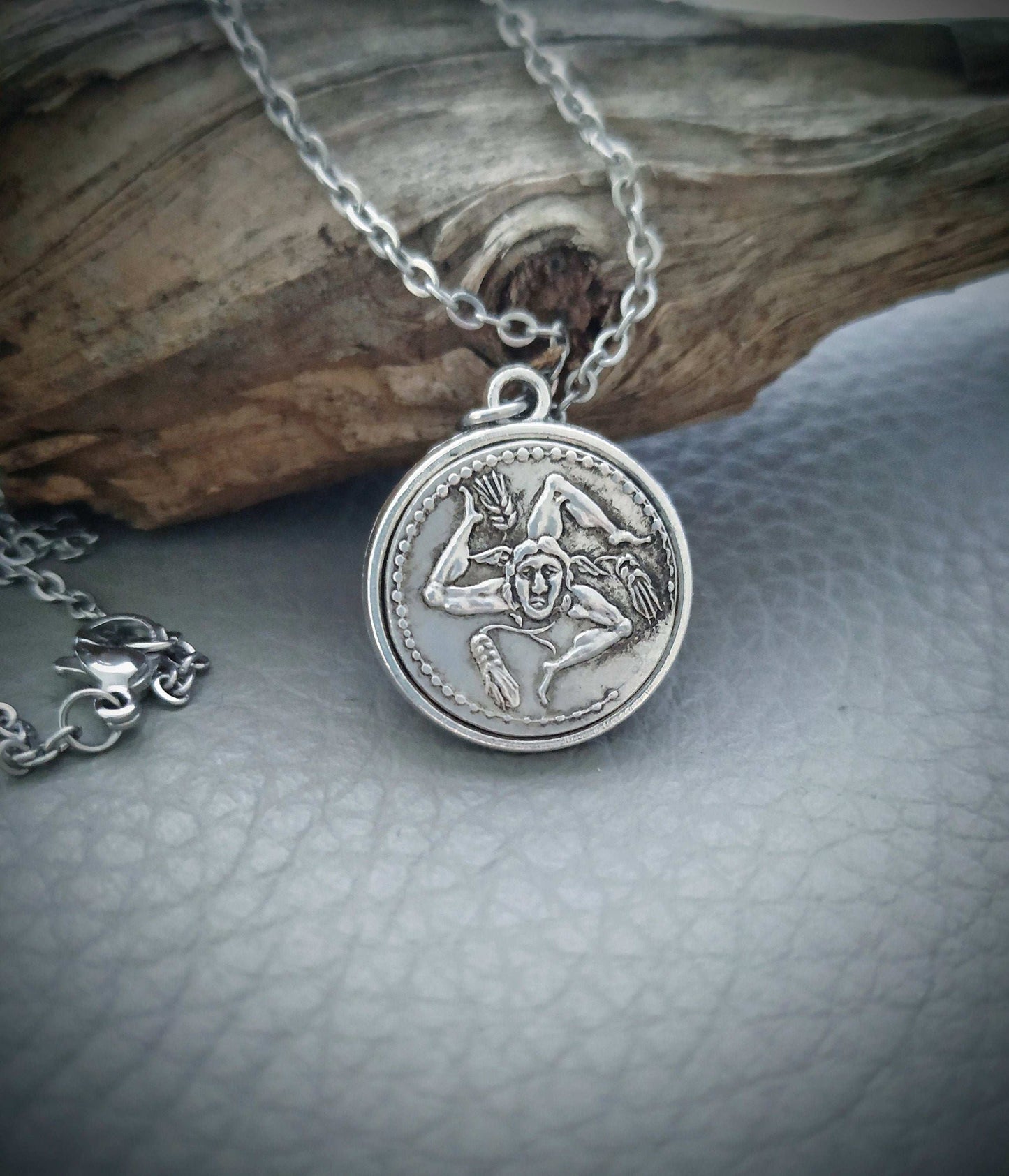 Sicilian Trinacria Necklace, Triskelion Coin Pendant, Silver Ancient Three Legged Symbol Jewelry, Sicily Gift
