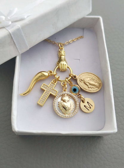 Italian Cornicello, Sacred Heart, Madonna Necklace