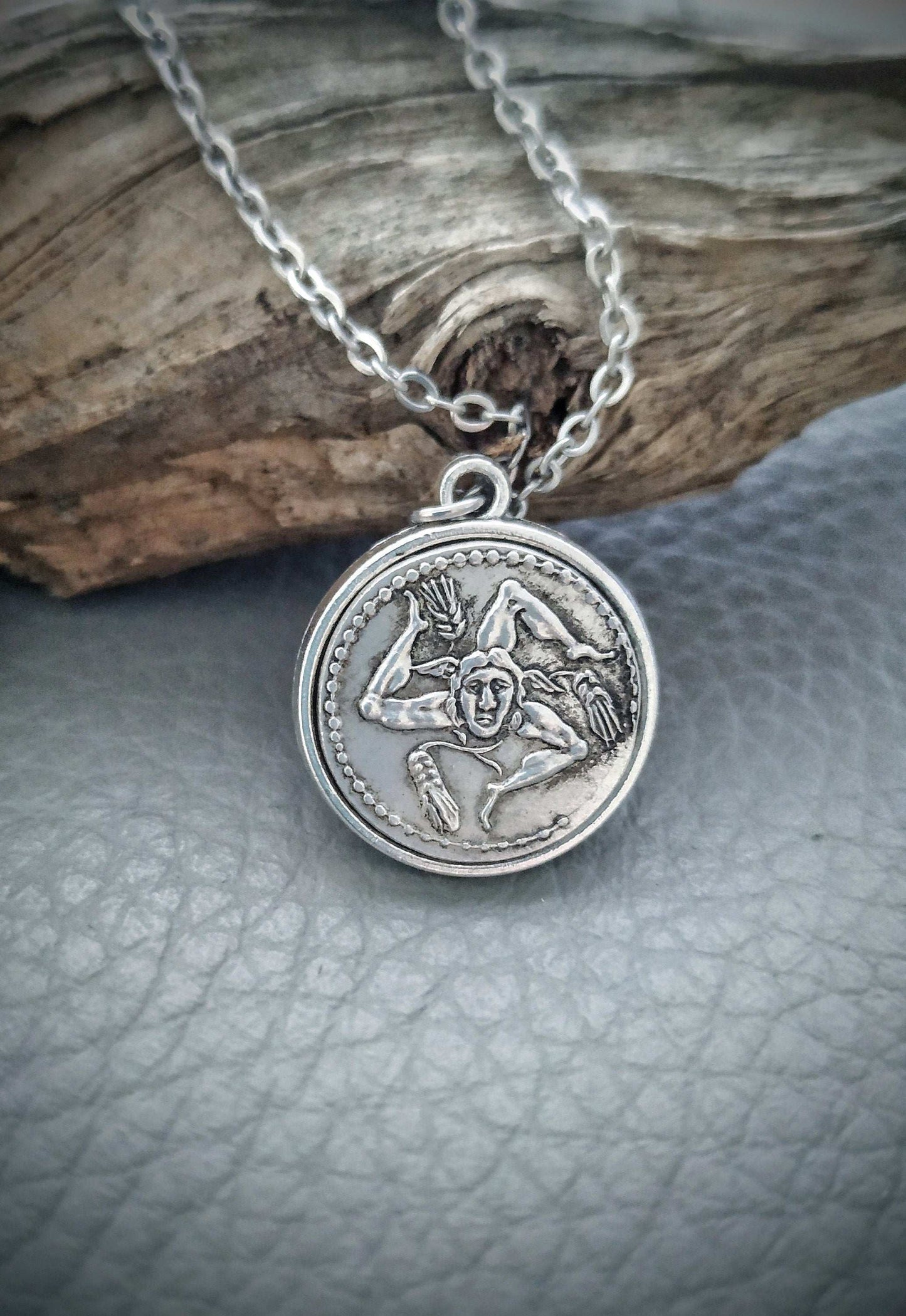 Sicilian Trinacria Necklace, Triskelion Coin Pendant, Silver Ancient Three Legged Symbol Jewelry, Sicily Gift
