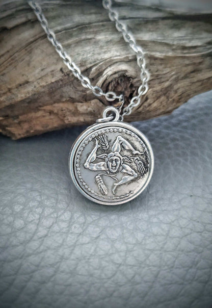 Sicilian Trinacria Necklace, Triskelion Coin Pendant, Silver Ancient Three Legged Symbol Jewelry, Sicily Gift