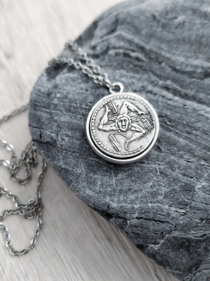 Sicilian Trinacria Necklace, Triskelion Coin Pendant, Silver Ancient Three Legged Symbol Jewelry, Sicily Gift