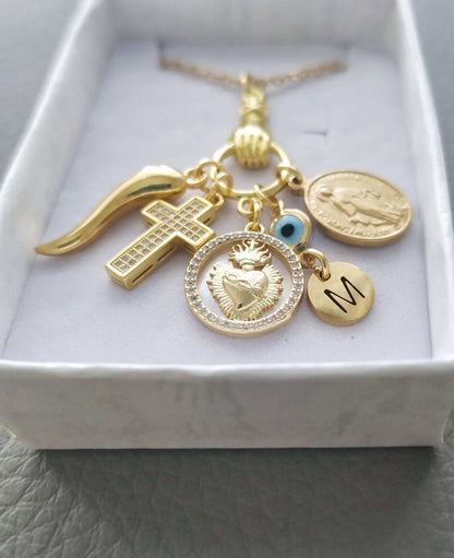 Italian Cornicello, Sacred Heart, Madonna Necklace