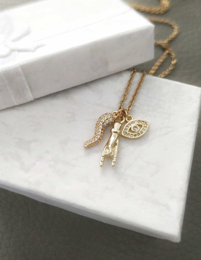 Dainty Italy Horn and Hand Necklace with Iced out evil Eye Charm, Malocchio Jewelry