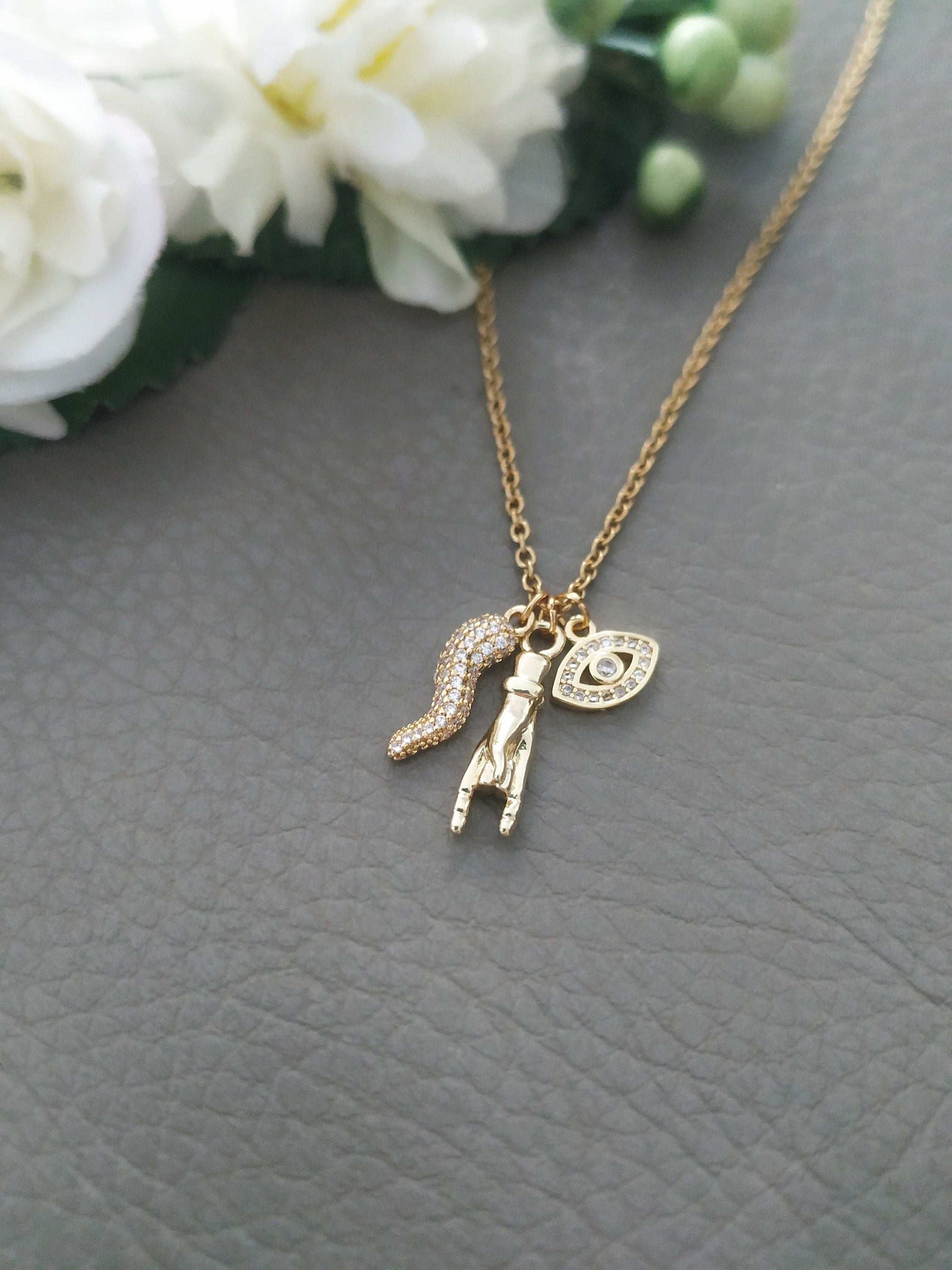 Dainty Italy Horn and Hand Necklace with Iced out evil Eye Charm, Malocchio Jewelry