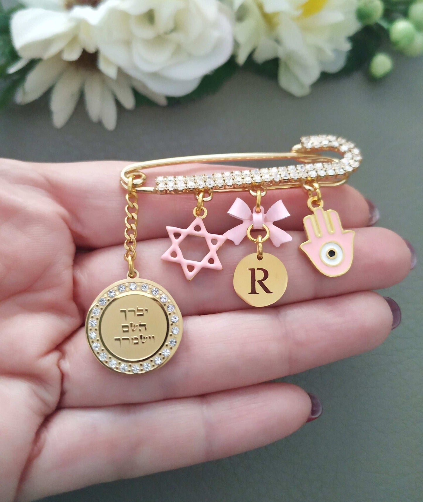 Priestly Blessing Jewish Stroller Pin, Personalized Bris Gift