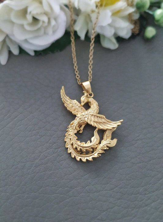 Fire Bird Necklace, 18k Gold Filled Phoenix Sculptured Pendant, Double Sided Fenix Jewelry