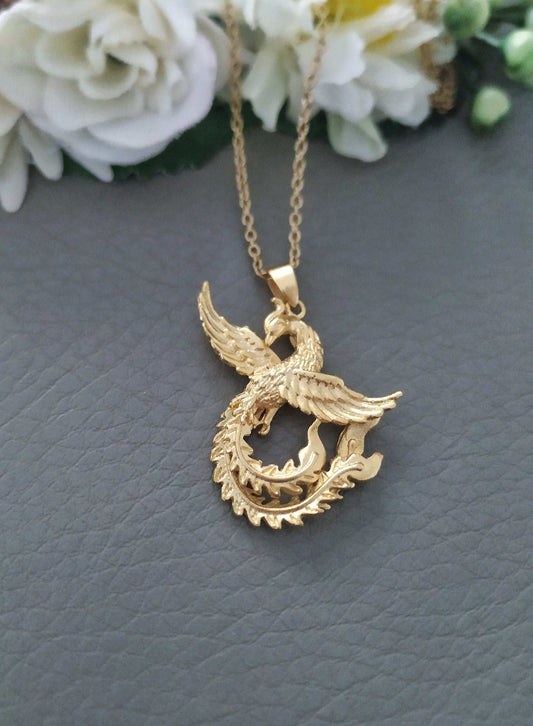 Fire Bird Necklace, 18k Gold Filled Phoenix Sculptured Pendant