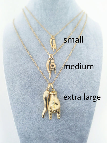 Extra Large Italian Horn and Hand Necklace, Protection Amulet Jewelry