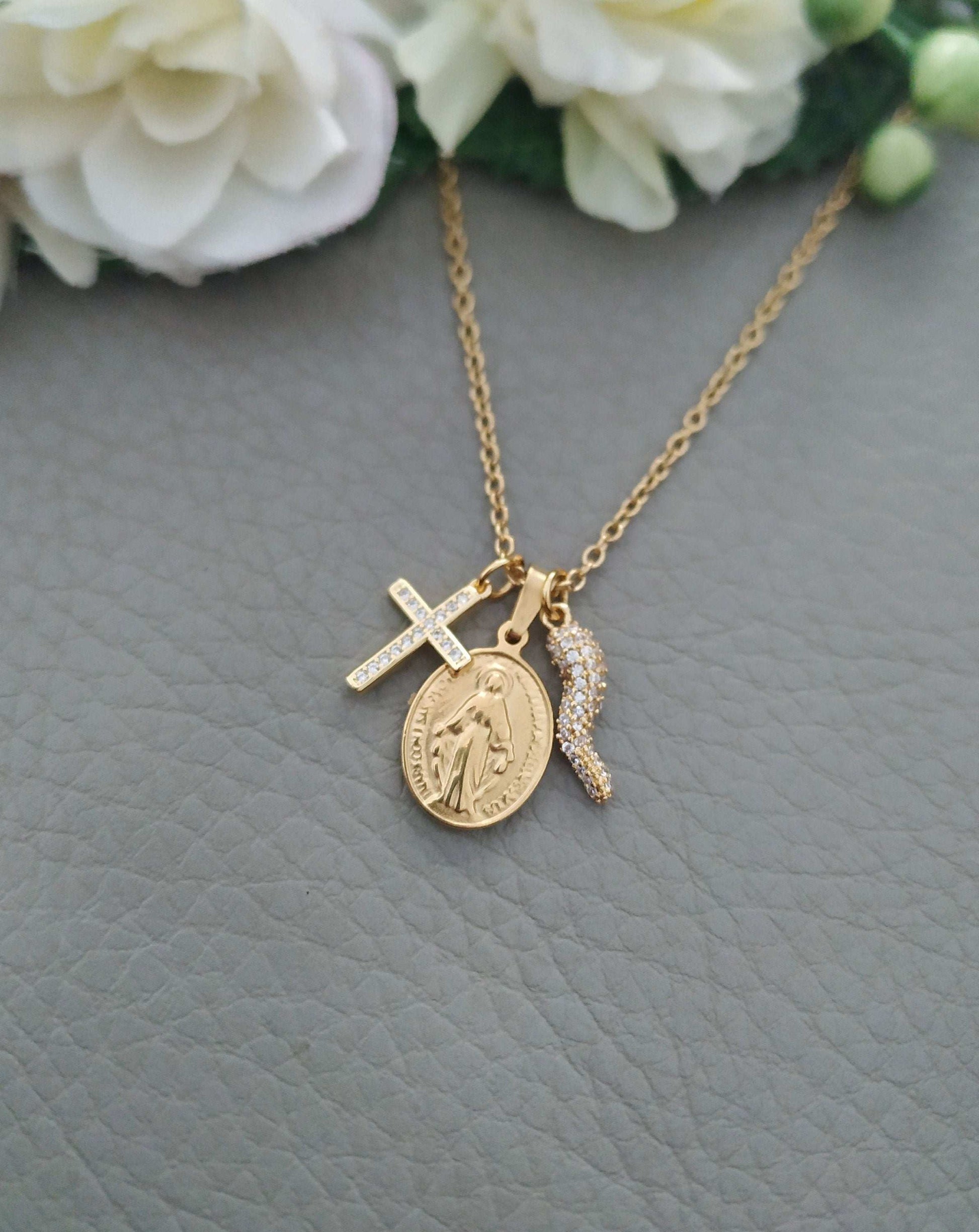 Bling Cornicello Necklace with Italian Horn, Madonna and Cross Lucky Charms