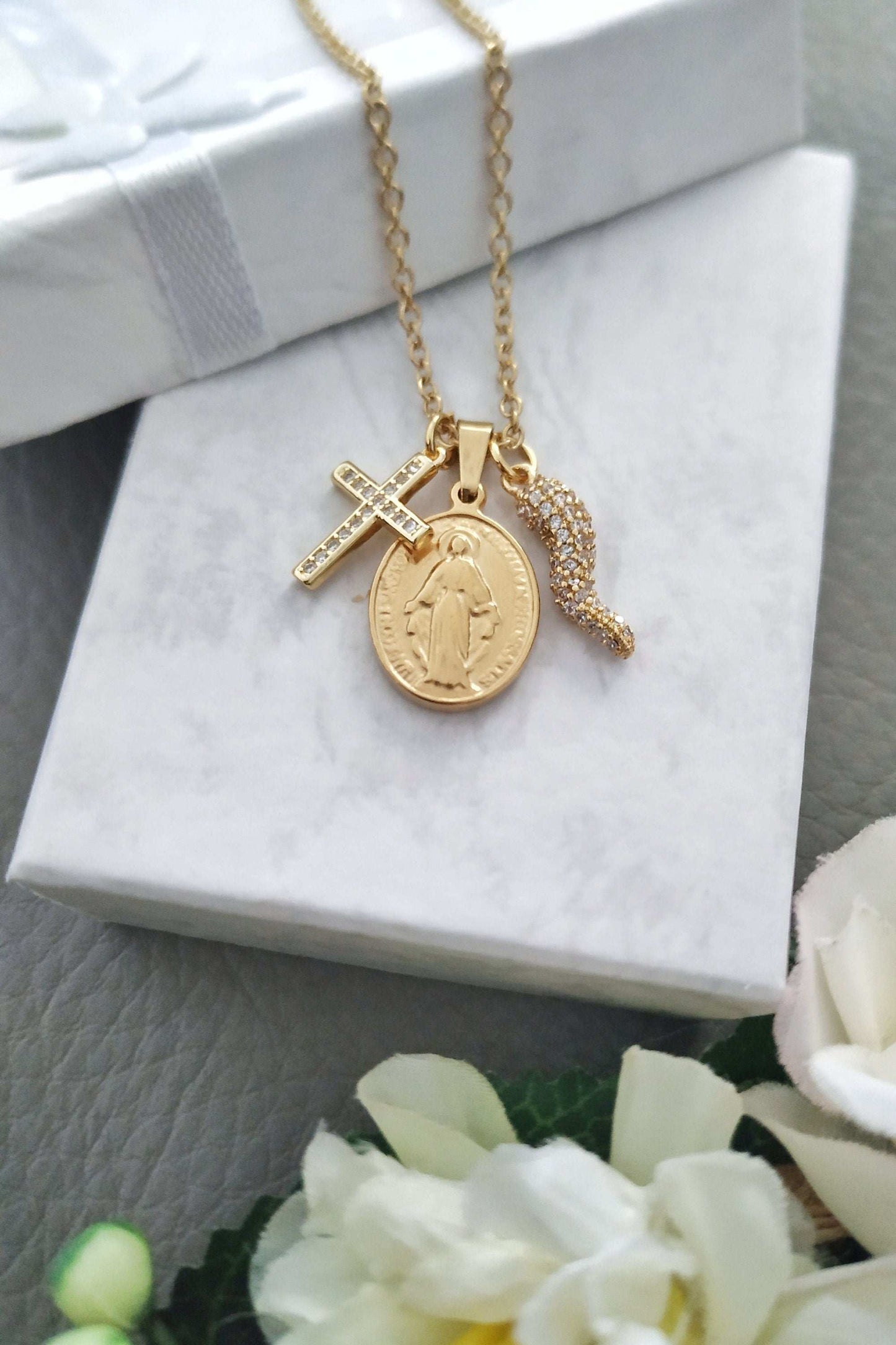 Bling Cornicello Necklace with Italian Horn, Madonna and Cross Lucky Charms