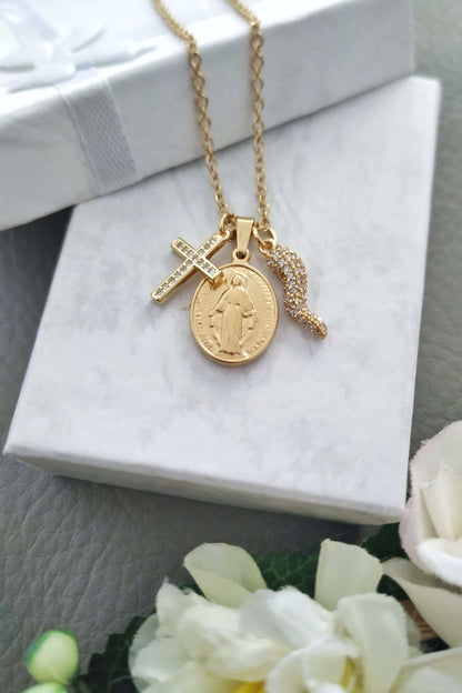 Bling Cornicello Necklace with Italian Horn, Madonna and Cross Lucky Charms