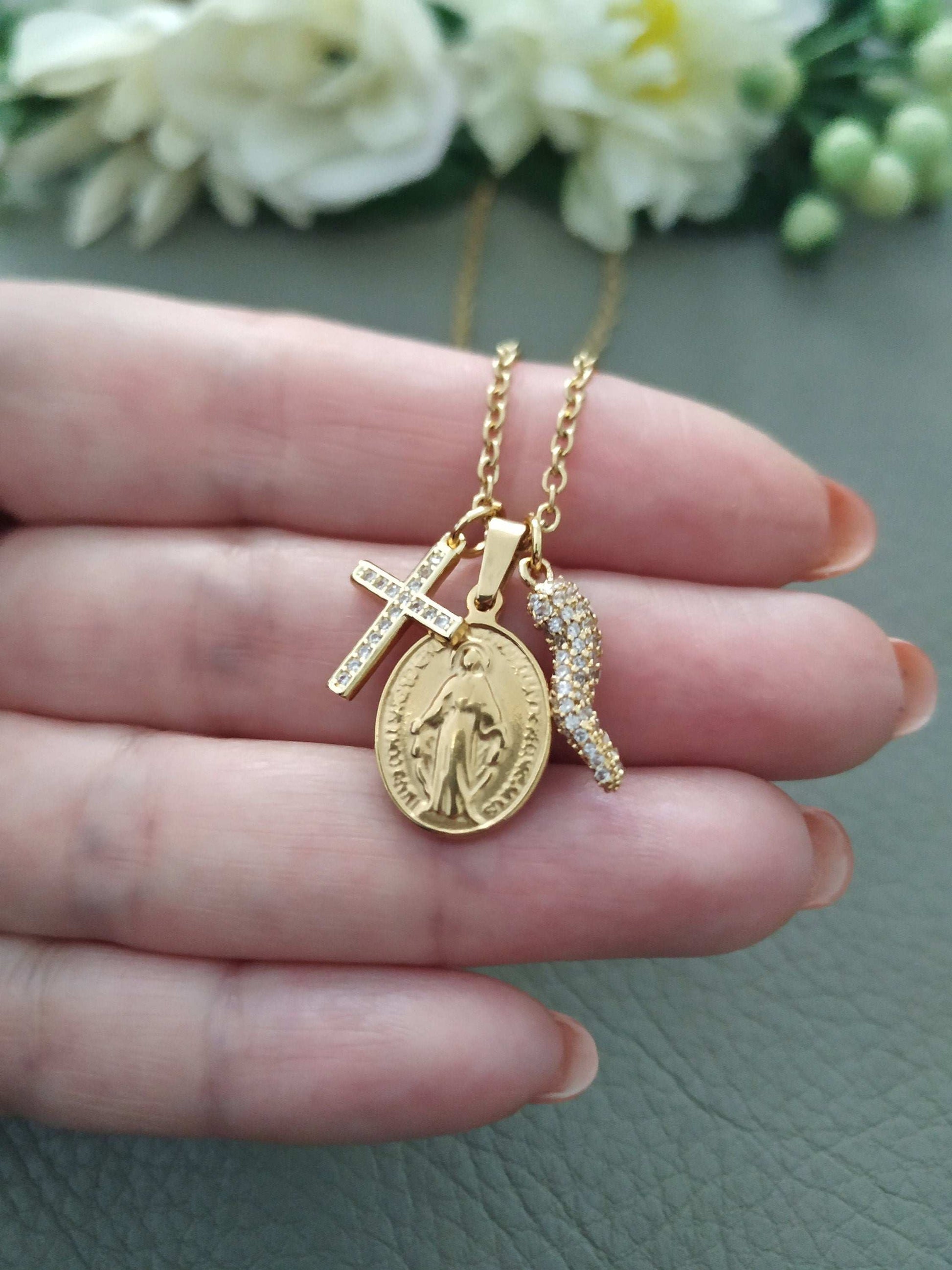 Bling Cornicello Necklace with Italian Horn, Madonna and Cross Lucky Charms