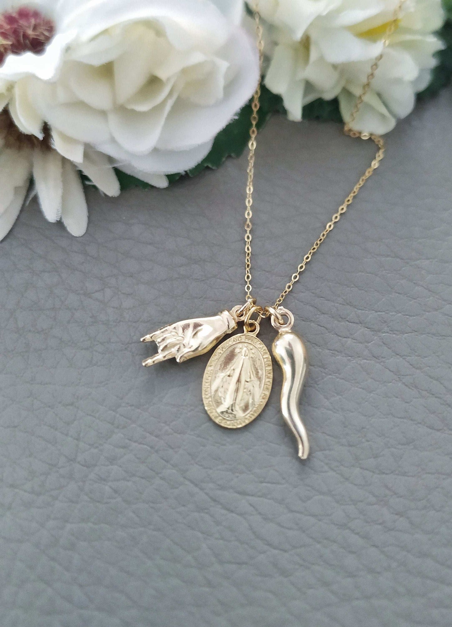 Italian Horn Hand Virgin Mary Necklace in Gold Stainless Steel