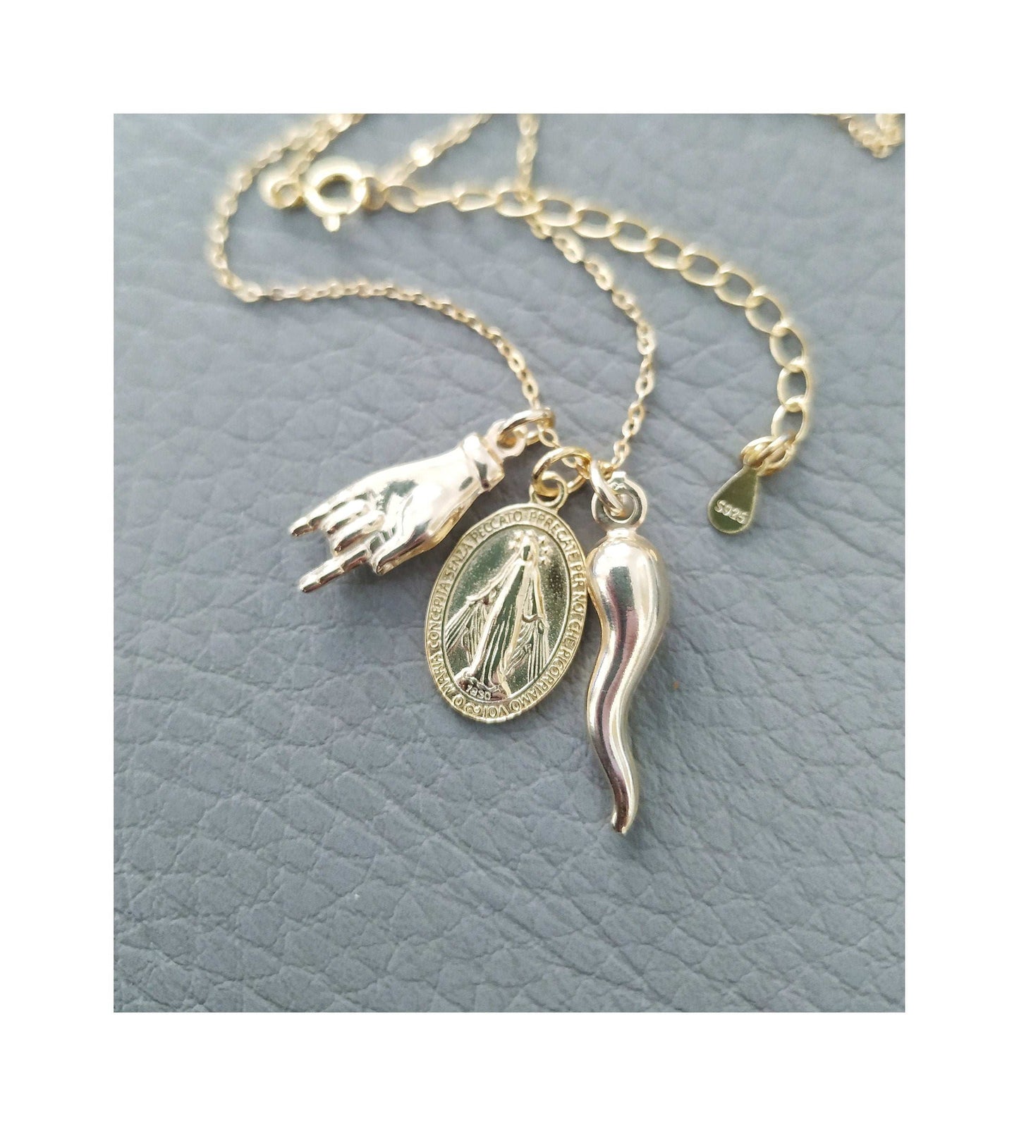 Italian Horn Hand Virgin Mary Necklace in Gold Stainless Steel