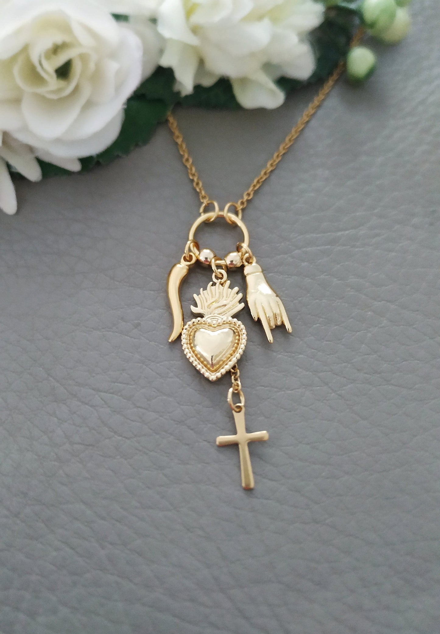 Good Luck Charms Sacred Heart Cornicello Cross Necklace