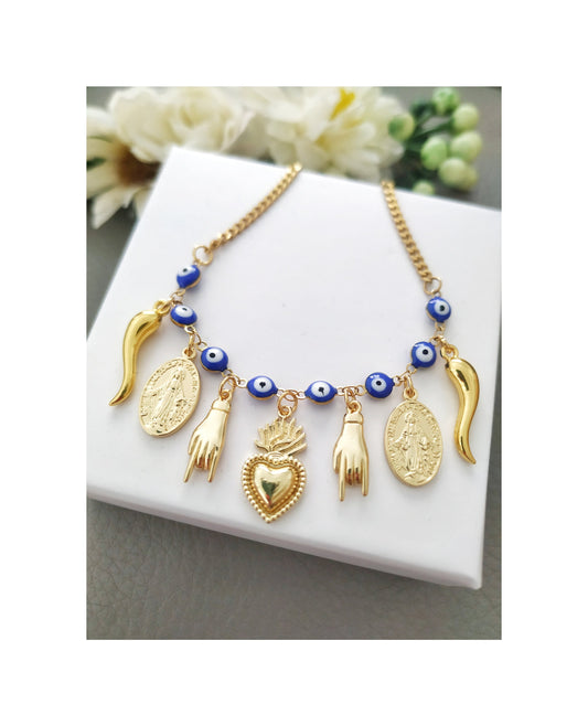 Italian Malocchio Necklace, Cornetti Blue Evil Eye, Italy Horn, Sacred Heart, Mano Cornuto, Corno Girocollo, Portafortuna Scaramanzia