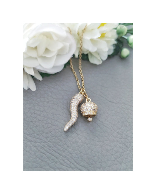 Italian Horn Cornicello Necklace with Capri Bell Campanella Charm