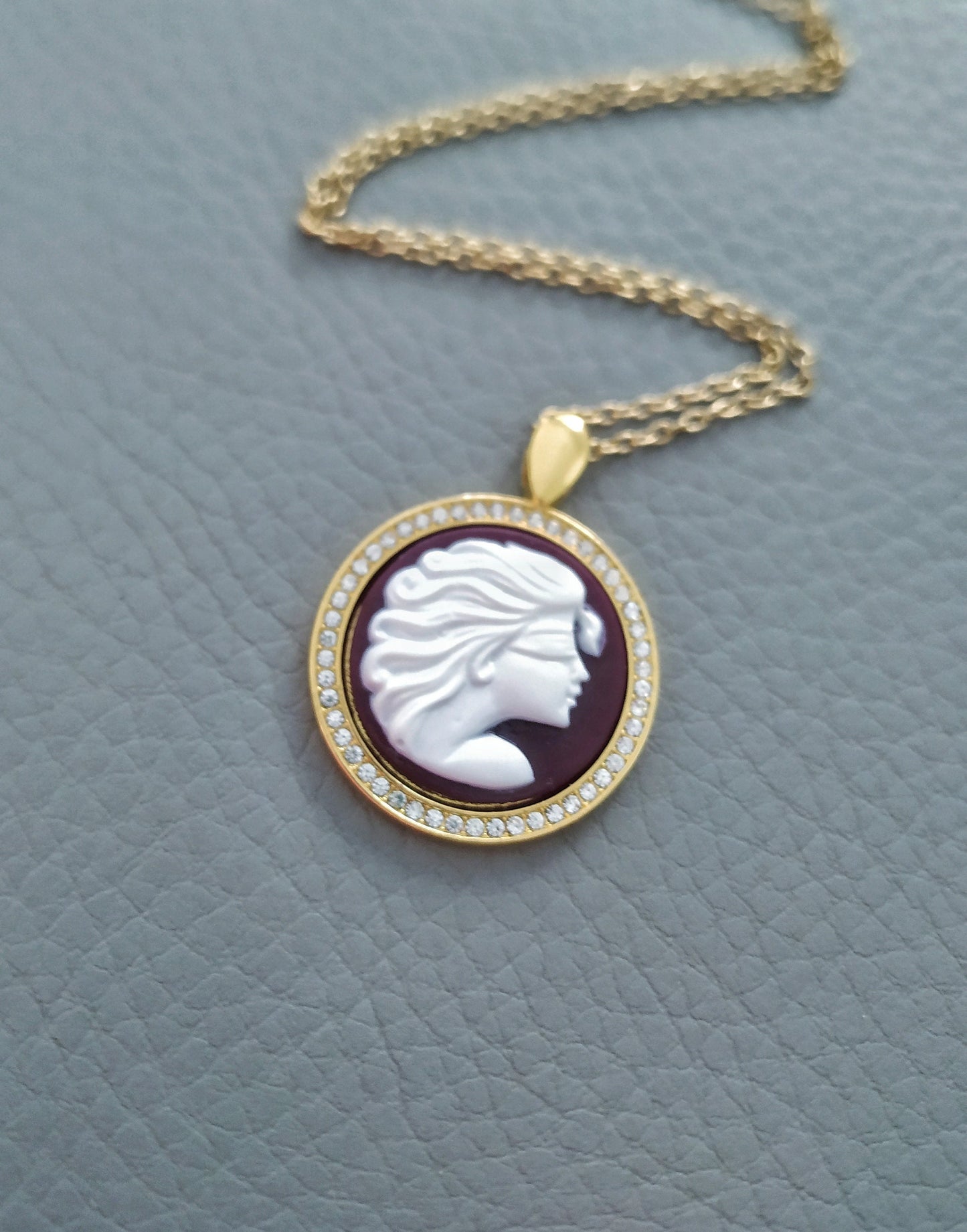 La Dea Bendata Jewelry, Blindfolded Fortuna Goddess Cameo Pendant Necklace