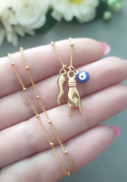 Small Italian Horn Eye Hand Necklace, Gold Cornetto Charm, Mano Con Corna Pendant, Portafortuna Naples Jewelry