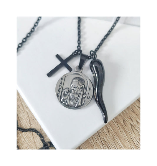 Collana nera Padre Pio, gioielli in corno italiano, regalo per uomo in Italia, acciaio inossidabile impermeabile