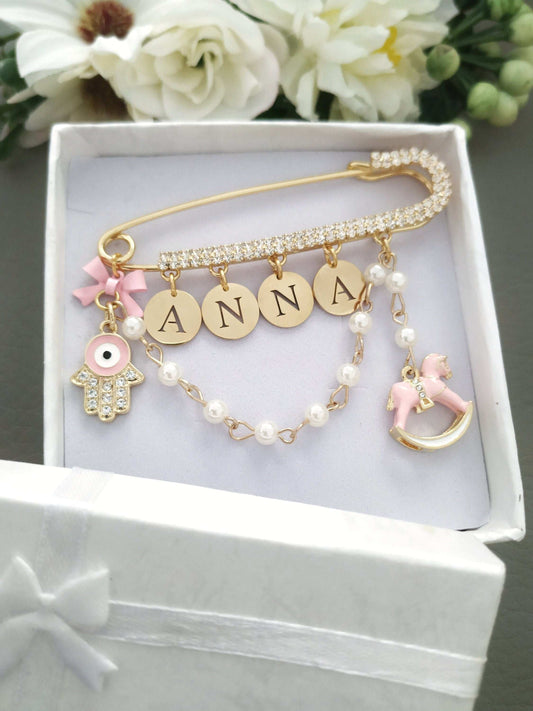 Personalized Pin for Newborn, Diamante Pearls Boy Girl Name Brooch, New Parents Gift