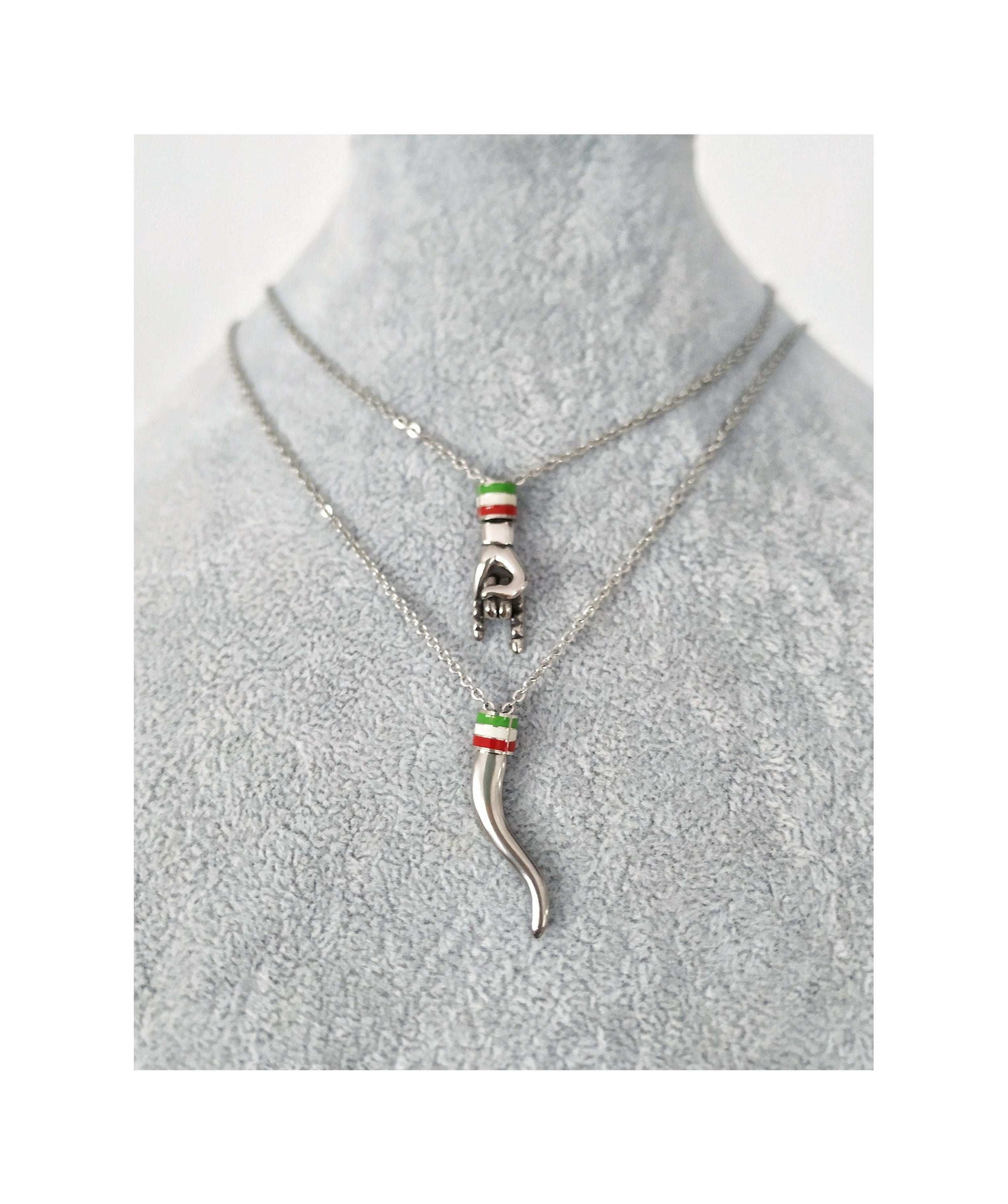 Italian Flag Necklace for Men, Large Cornicello and Mano Cornuto Pendants, Italian Pride Gifts